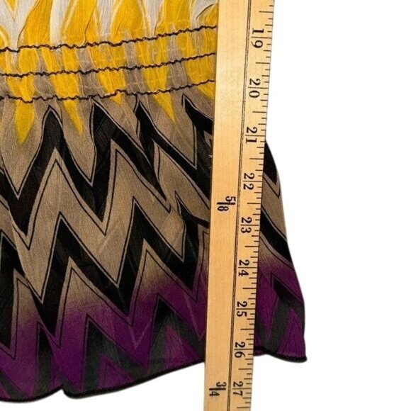 Chevron Pattern Purple & Yellow Peasant Blouse With 3/4 Sleeves & Button Detail - Picture 9 of 9